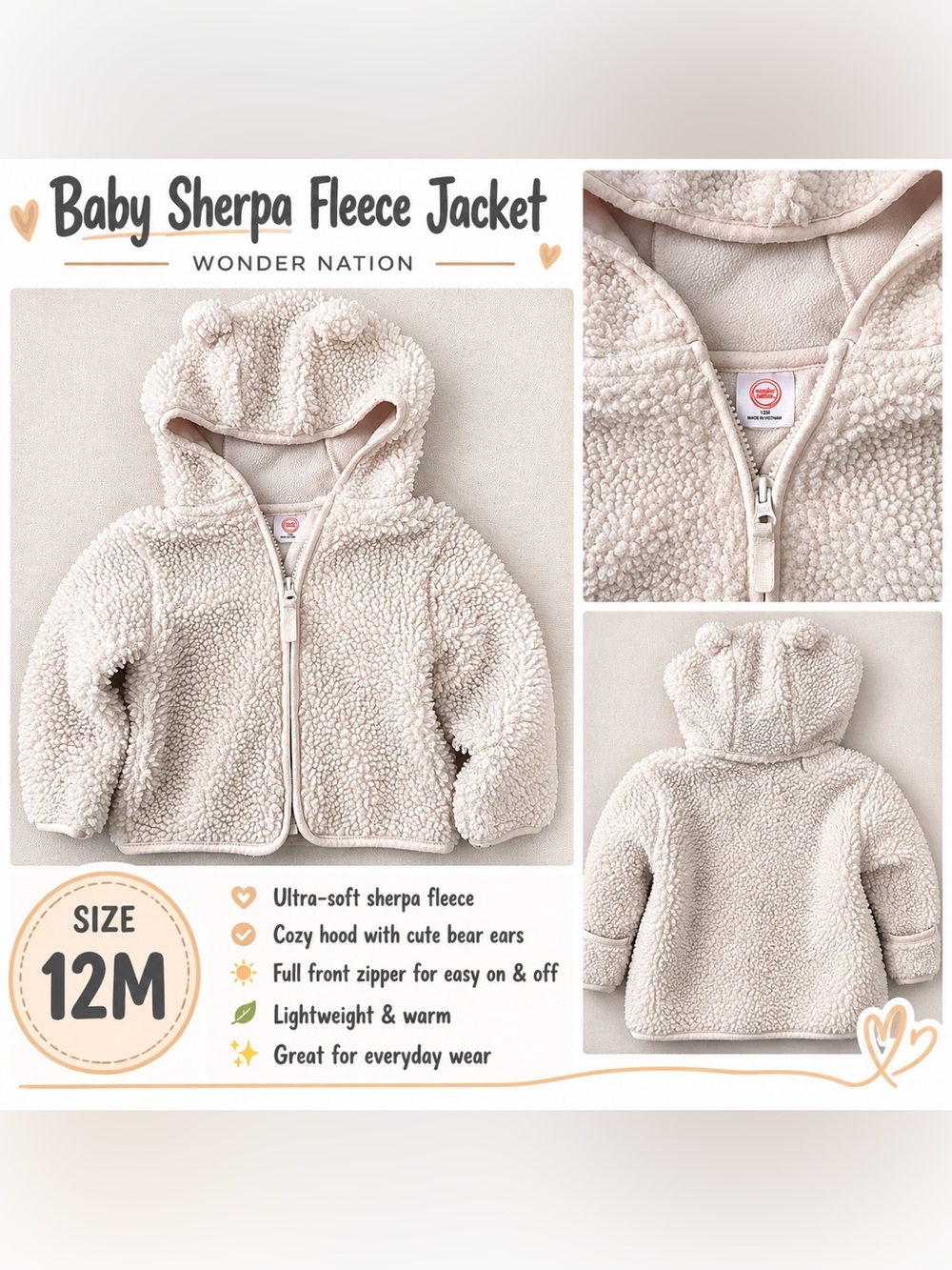 wonder nation Cream Sherpa Fleece Baby Jacket with Bear Ears